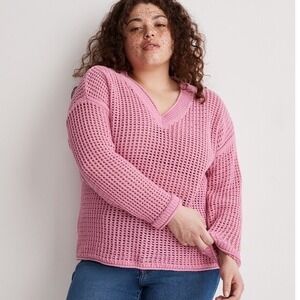 NWT Madewell Pink Crochet V Neck Long Sleeve Sweater Open Knit Top XXL‎